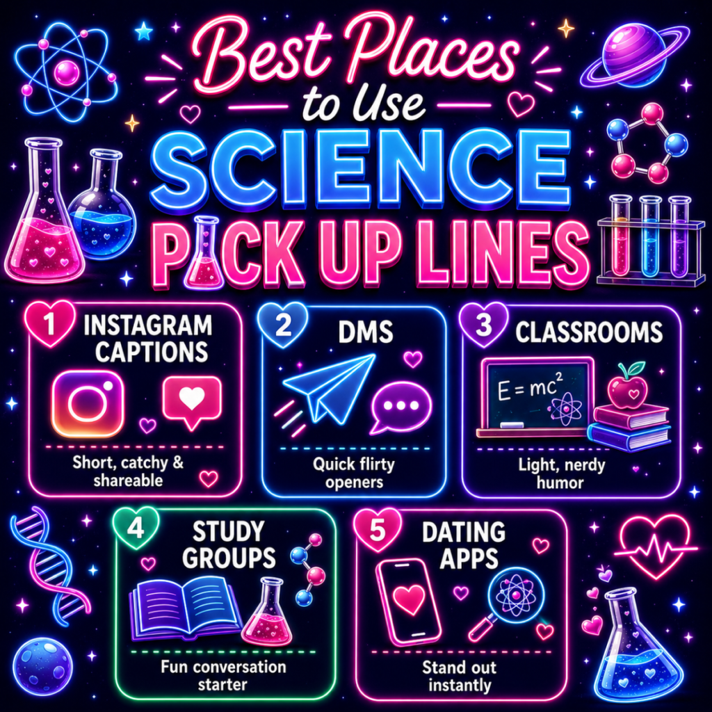 Best places to use science pick up lines infographic with neon panels for Instagram captions, DMs, classrooms, study groups, and dating apps.
