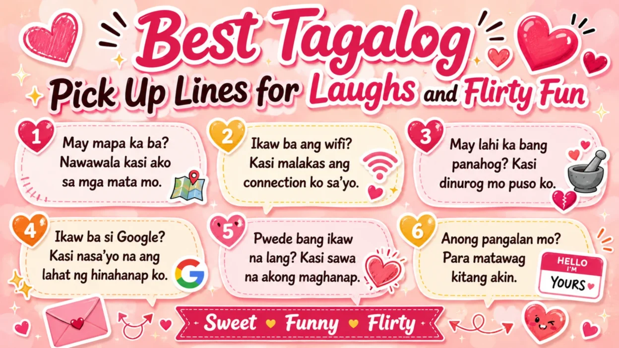 Colorful pink graphic featuring funny and flirty Tagalog pick-up lines with hearts, speech bubbles, and romantic doodles.