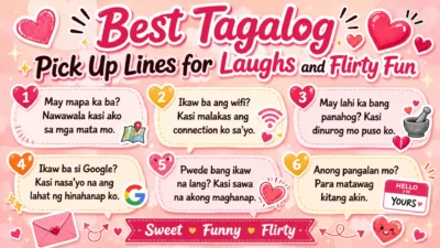 Colorful pink graphic featuring funny and flirty Tagalog pick-up lines with hearts, speech bubbles, and romantic doodles.