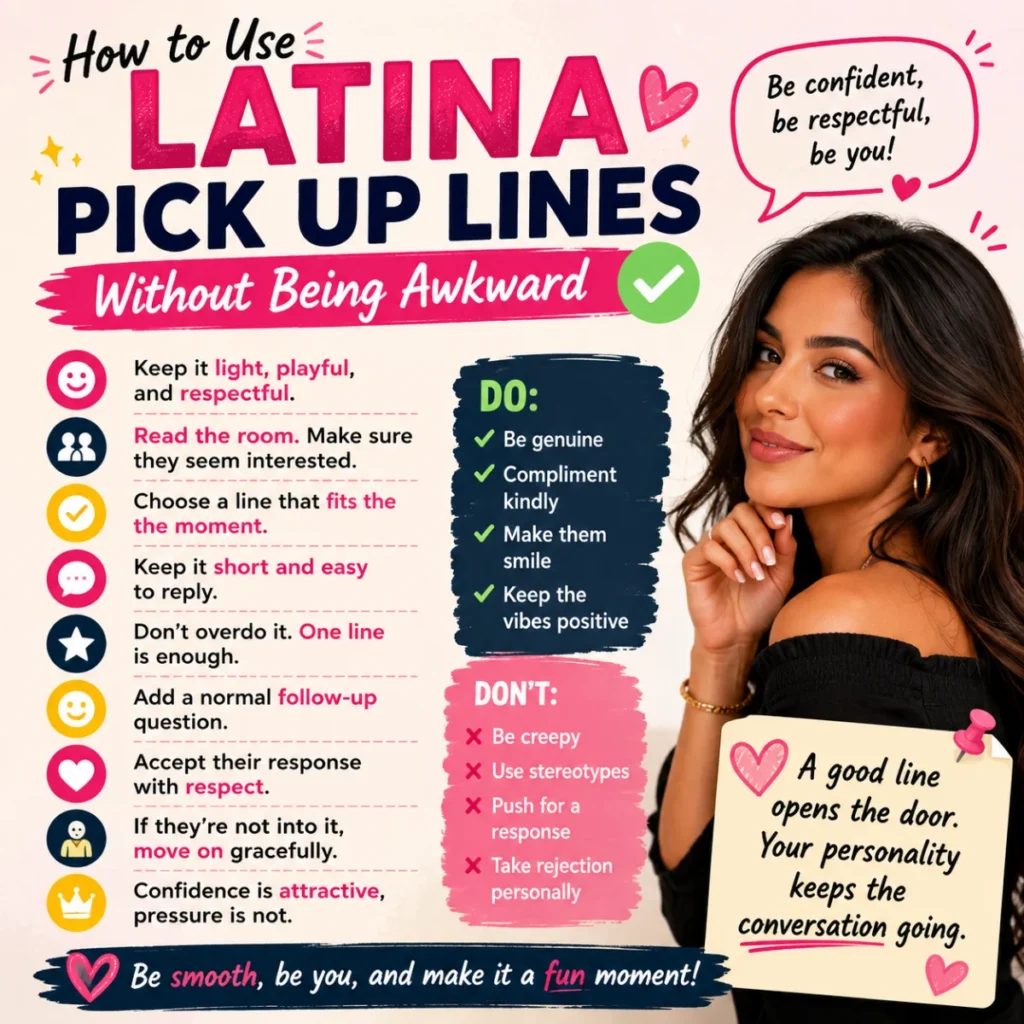 How to use Latina pick up lines without being awkward infographic with tips, do and don’t list, hearts, and a smiling woman.