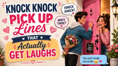 Funny knock knock pick up lines blog image with a smiling couple, pink door, hearts, speech bubbles, and playful romantic humor.