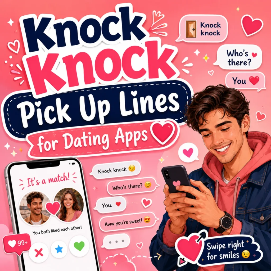 Knock knock pick up lines for dating apps image with a smiling man using a phone, match screen, hearts, and flirty chat bubbles.