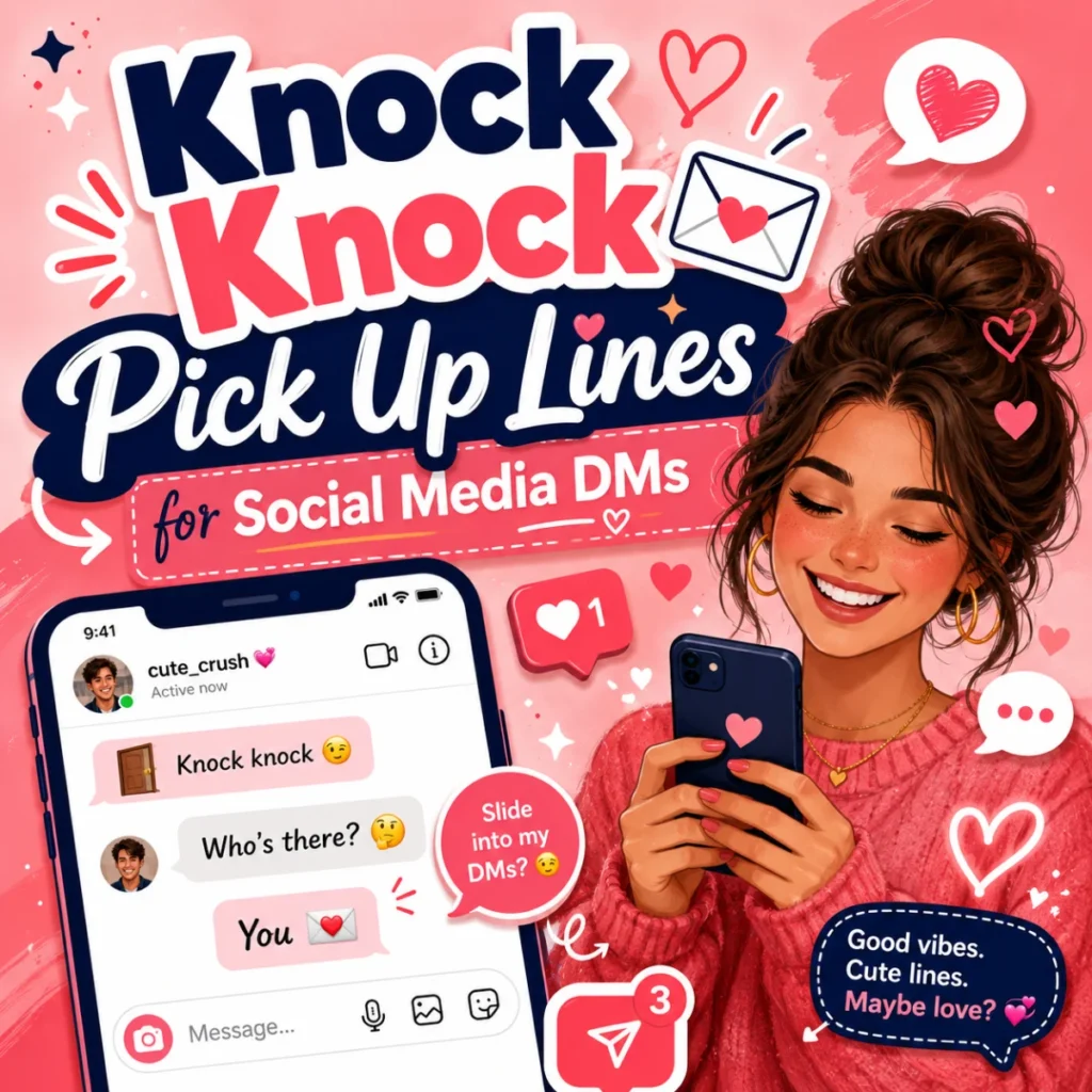 Knock knock pick up lines for social media DMs image with a smiling woman holding a phone, chat mockups, hearts, and flirty message graphics.
