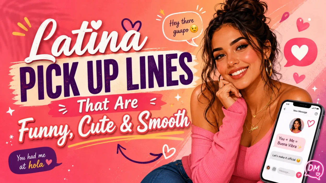 Latina pick up lines image with a smiling woman, hearts, chat bubbles, and playful romantic text for funny and cute flirting ideas.