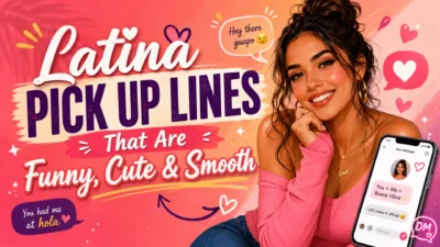 Latina pick up lines image with a smiling woman, hearts, chat bubbles, and playful romantic text for funny and cute flirting ideas.