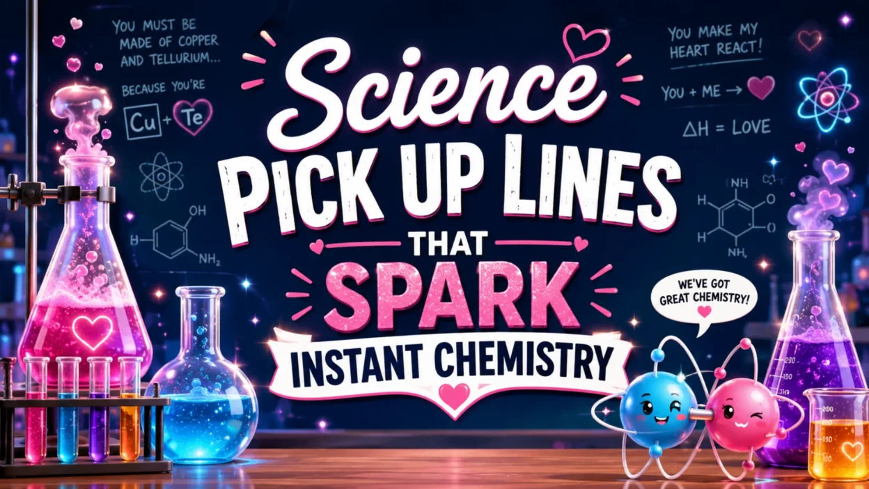 Colorful science pick up lines image with lab flasks, hearts, atoms, chemistry doodles, and bold romantic science text.