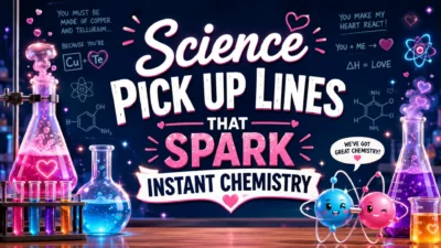 Colorful science pick up lines image with lab flasks, hearts, atoms, chemistry doodles, and bold romantic science text.
