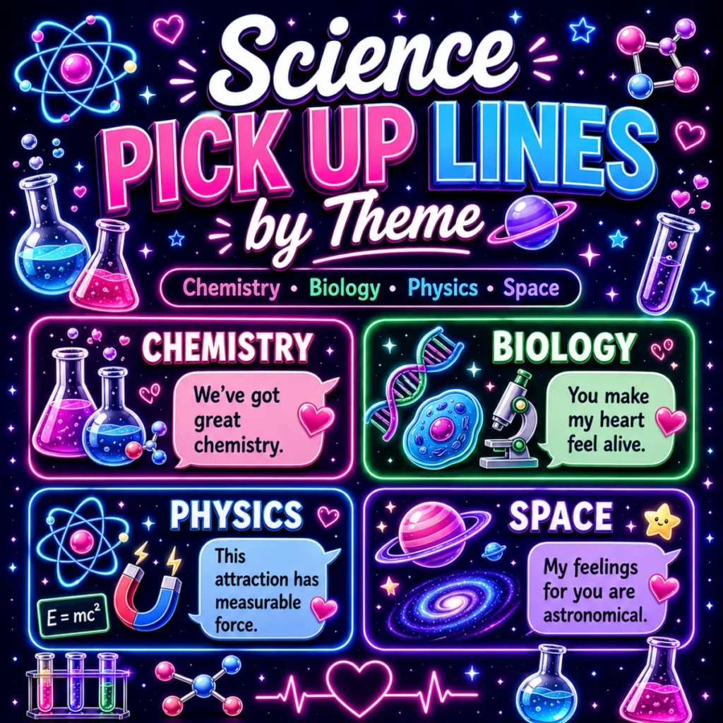 Science pick up lines by theme graphic with neon chemistry, biology, physics, and space cards, plus hearts, atoms, flasks, and galaxy icons.