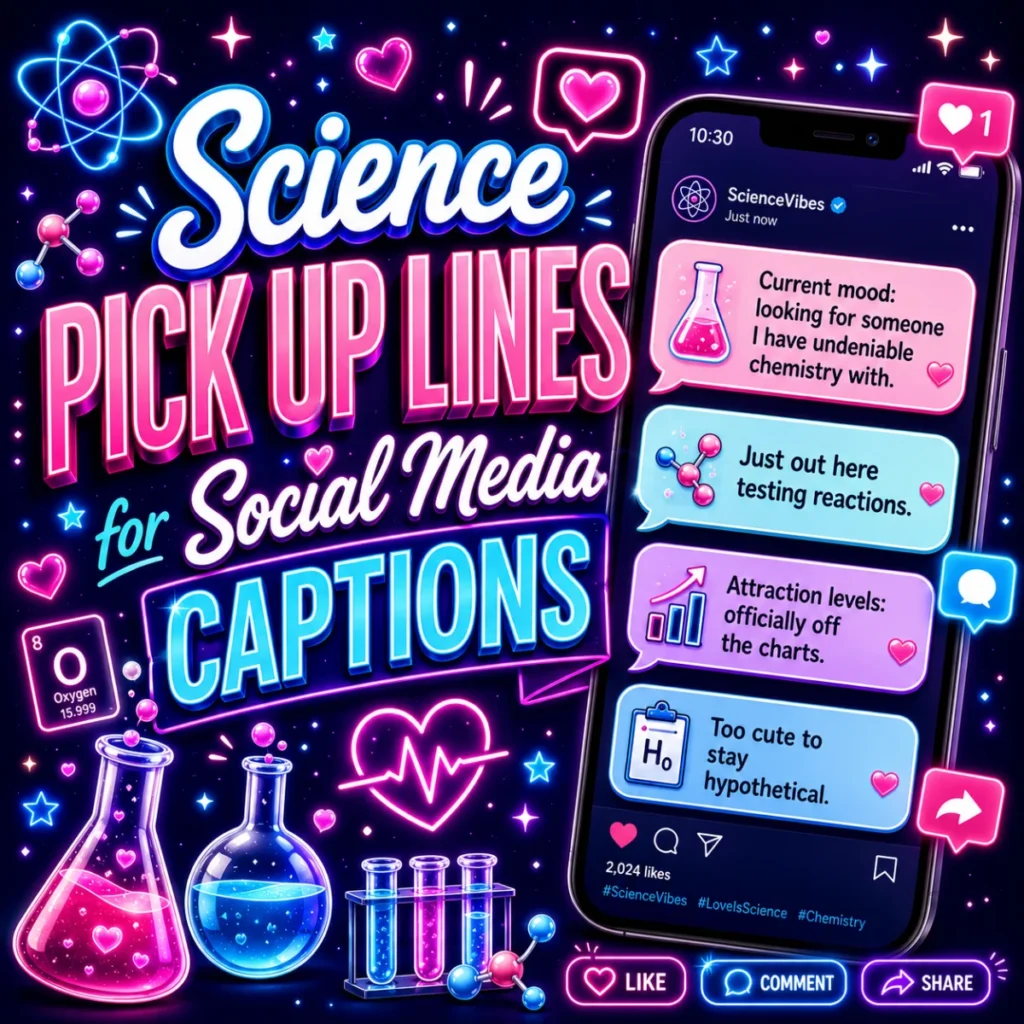 Science pick up lines for social media captions graphic with neon phone post, chemistry flasks, hearts, atoms, and funny caption bubbles.