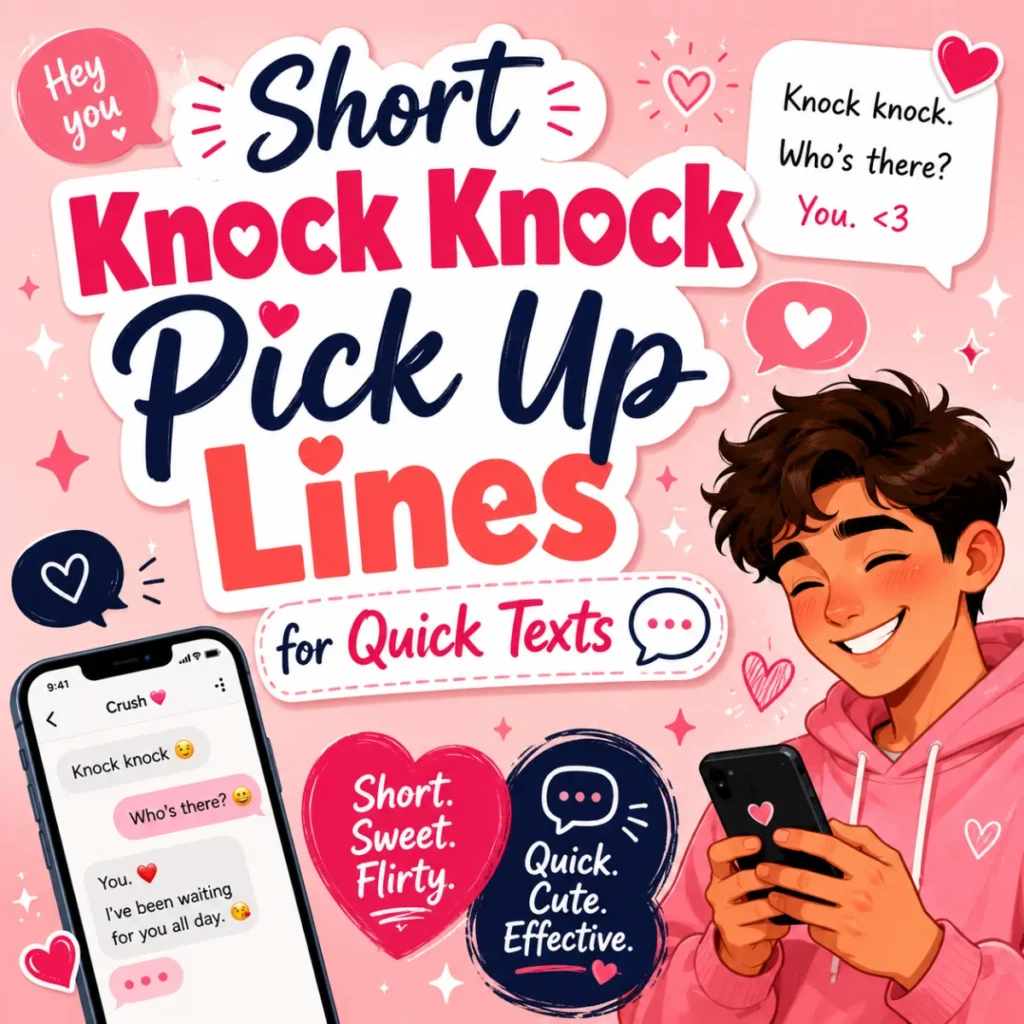 Short knock knock pick up lines for quick texts image with a smiling person holding a phone, chat bubbles, hearts, and flirty message graphics.