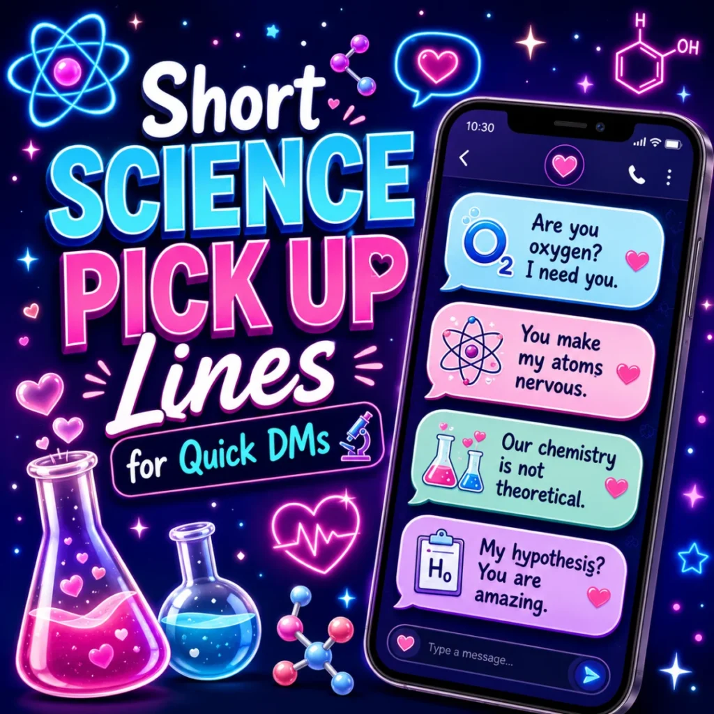 Short science pick up lines for quick DMs graphic with a phone chat, neon atoms, chemistry flasks, hearts, and cute science jokes.