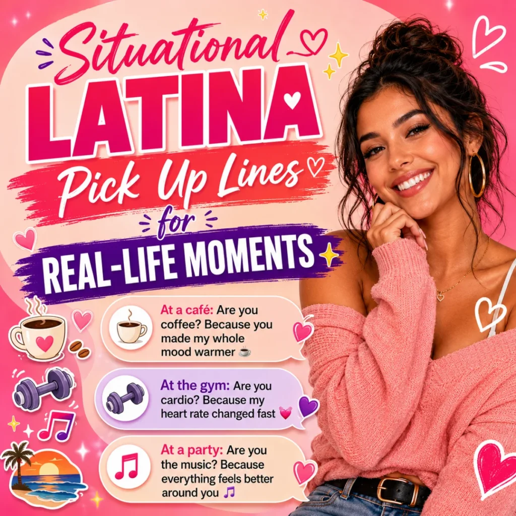 Situational Latina pick up lines for real-life moments with a smiling woman, hearts, café, gym, party, and chat bubble examples.