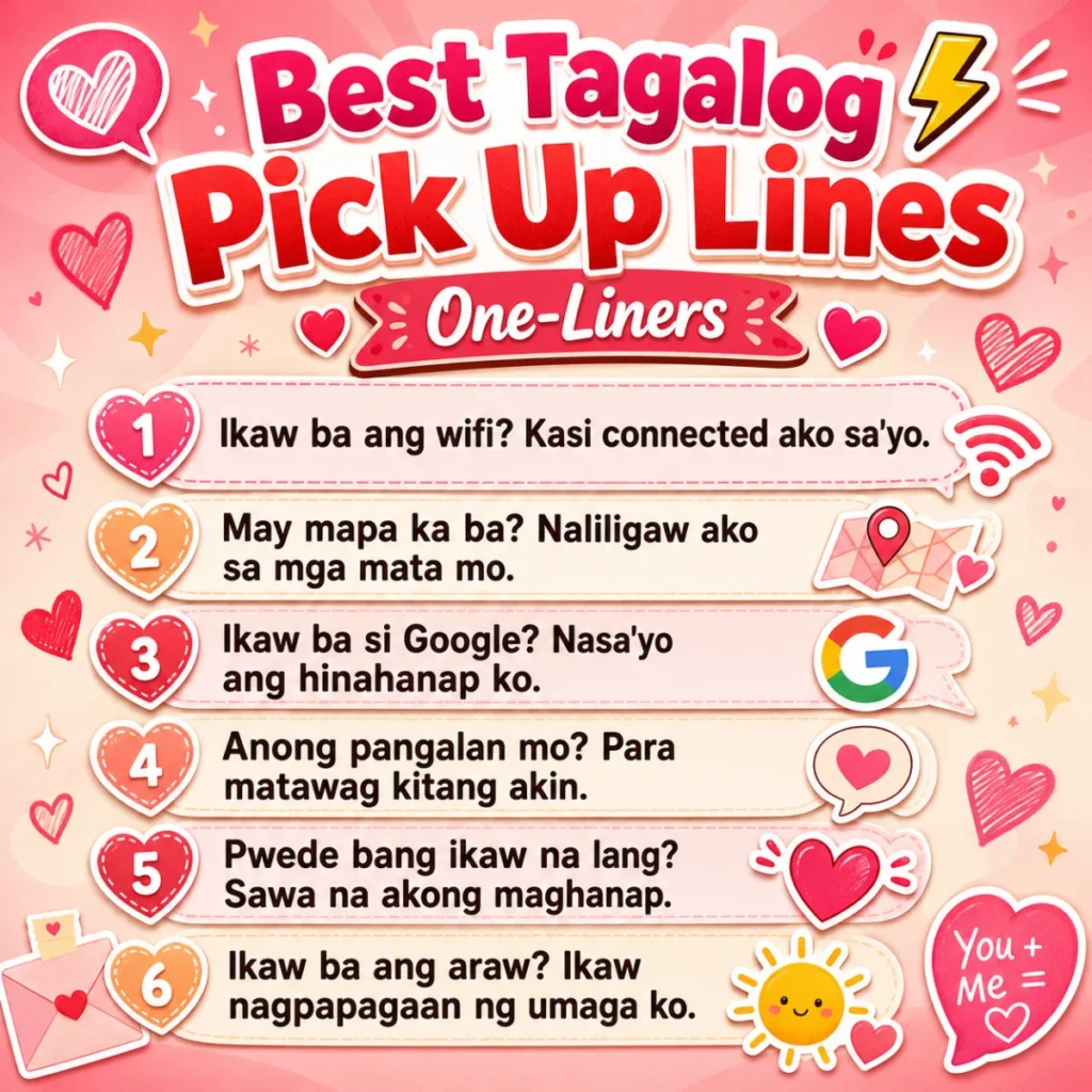 Square pink graphic featuring funny and flirty Tagalog pick-up line one-liners with hearts, speech bubbles, and cute romantic icons.