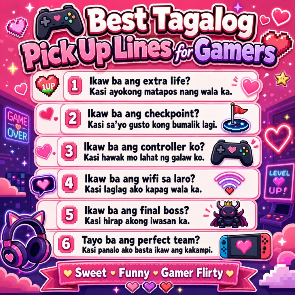 Square neon pink gamer-themed graphic featuring funny and flirty Tagalog pick-up lines with controllers, pixel hearts, gaming icons, and romantic arcade-style decorations.