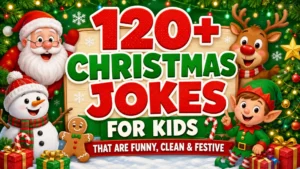 120+ Christmas jokes for kids featuring Santa, a snowman, Rudolph, and a cheerful elf in a festive holiday scene