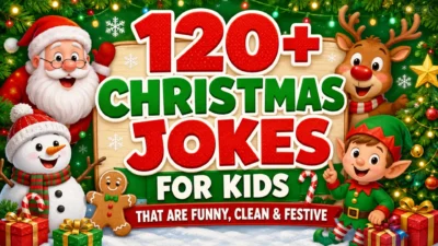 120+ Christmas jokes for kids featuring Santa, a snowman, Rudolph, and a cheerful elf in a festive holiday scene