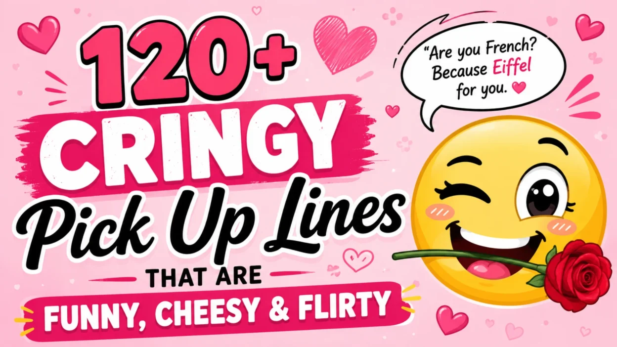 Funny cringy pick up lines with romantic hearts and a flirty emoji illustration for a collection of cheesy and hilarious pickup lines.