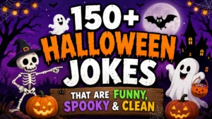 150+ Halloween Jokes That Are Funny, Spooky & Clean with smiling ghosts, skeleton, pumpkins, bats, and a haunted house illustration.