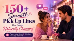 150+ smooth pick up lines featuring a smiling couple enjoying a romantic café conversation
