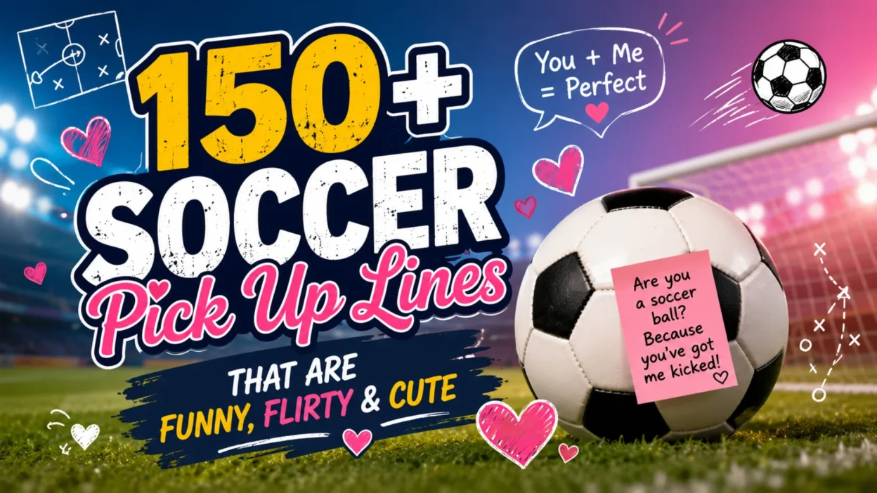 150+ Soccer Pick Up Lines That Are Funny, Flirty & Cute with soccer ball, hearts, and stadium lights on a colorful football field