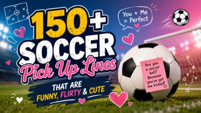 150+ Soccer Pick Up Lines That Are Funny, Flirty & Cute with soccer ball, hearts, and stadium lights on a colorful football field