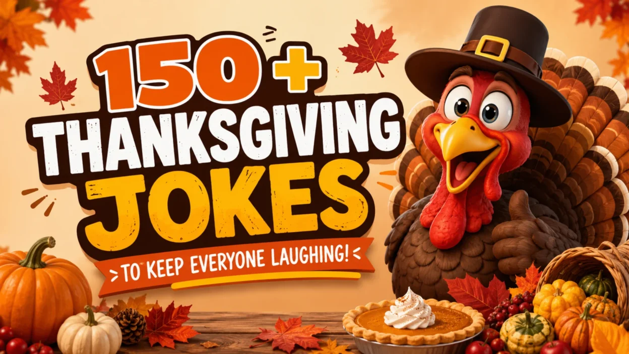 150+ Thanksgiving jokes banner featuring a funny cartoon turkey, pumpkins, autumn leaves, and festive fall decorations to celebrate Thanksgiving with laughter.