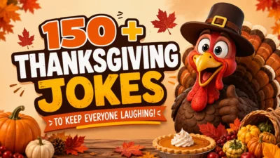 150+ Thanksgiving jokes banner featuring a funny cartoon turkey, pumpkins, autumn leaves, and festive fall decorations to celebrate Thanksgiving with laughter.