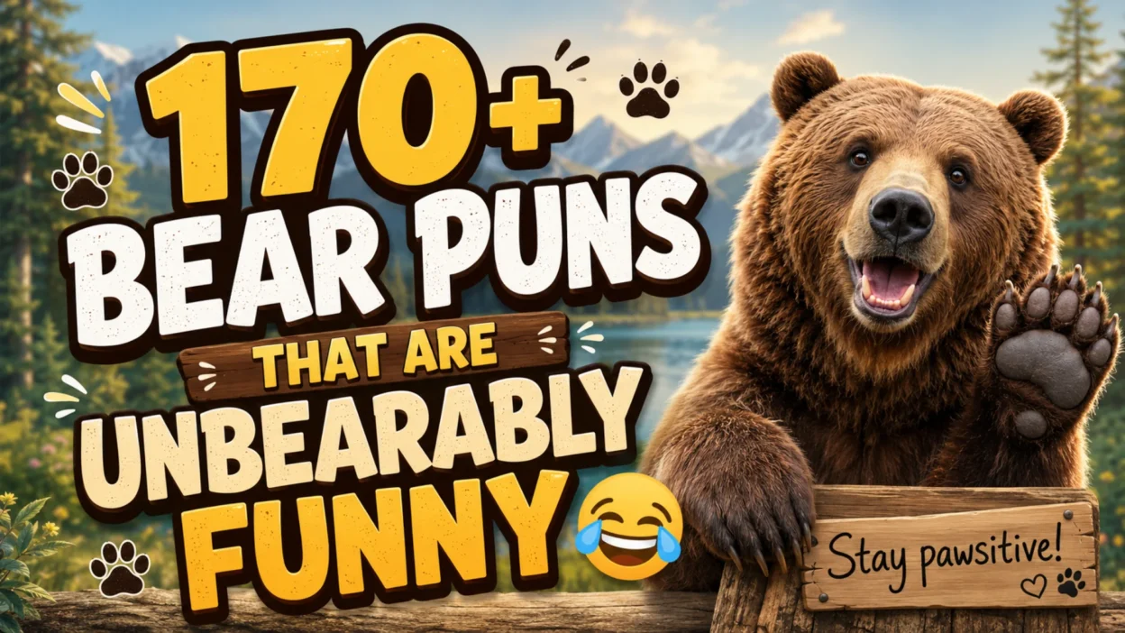 Happy brown bear waving in a forest beside the title 170+ Bear Puns That Are Unbearably Funny with a playful woodland background.