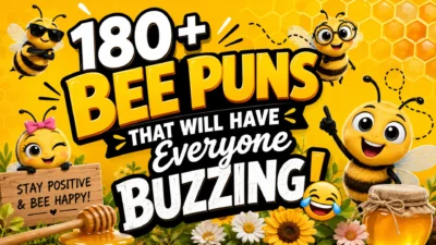 180+ funny bee puns with cute cartoon bees buzzing around a bright honeycomb background for laughs and wordplay.