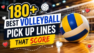 A colorful volleyball-themed hero image featuring a volleyball on an indoor court with bold text reading "180+ Best Volleyball Pick Up Lines That Score" for a funny and flirty pickup lines collection.