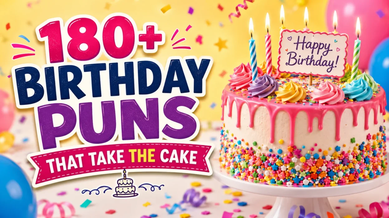 180+ Birthday Puns That Take the Cake with colorful birthday cake, balloons, candles, confetti, and festive decorations.