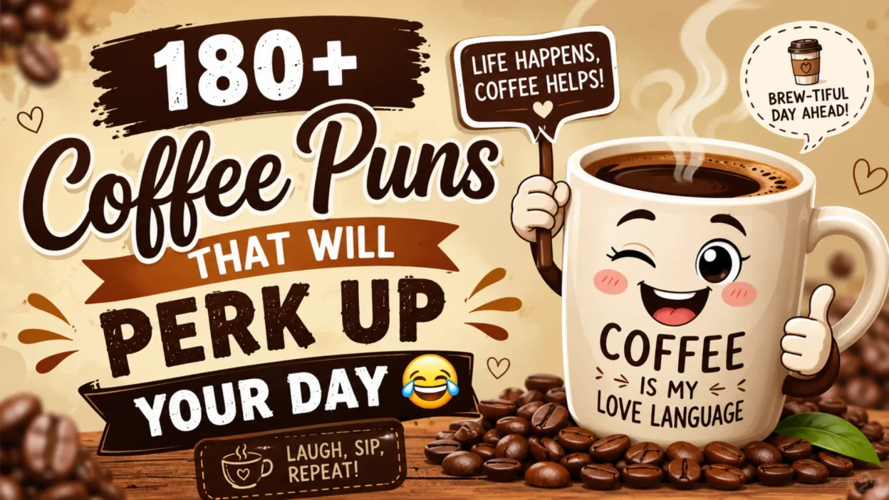 180+ Coffee Puns That Will Perk Up Your Day with a cute smiling coffee cup and funny coffee-themed illustration