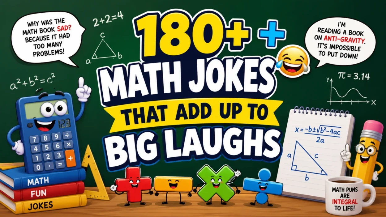 180+ Math Jokes That Add Up to Big Laughs with funny math symbols, calculator, equations, and playful classroom illustration