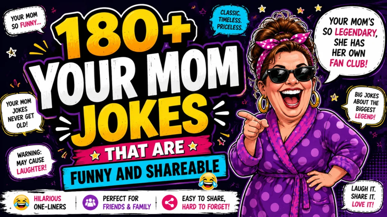 Colorful hero banner featuring 180+ Your Mom Jokes That Are Funny and Shareable with a cheerful cartoon mom, comic-style speech bubbles, and vibrant typography on a playful background.