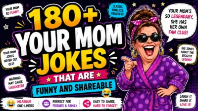 Colorful hero banner featuring 180+ Your Mom Jokes That Are Funny and Shareable with a cheerful cartoon mom, comic-style speech bubbles, and vibrant typography on a playful background.