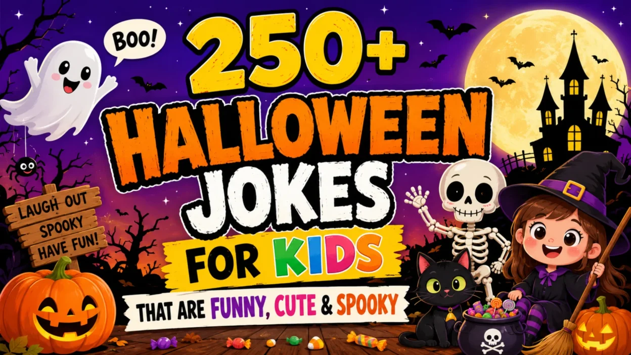 Colorful Halloween illustration featuring smiling ghosts, pumpkins, a friendly witch, skeleton, black cat, and spooky castle promoting 250+ Halloween jokes for kids.