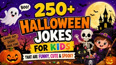 Colorful Halloween illustration featuring smiling ghosts, pumpkins, a friendly witch, skeleton, black cat, and spooky castle promoting 250+ Halloween jokes for kids.