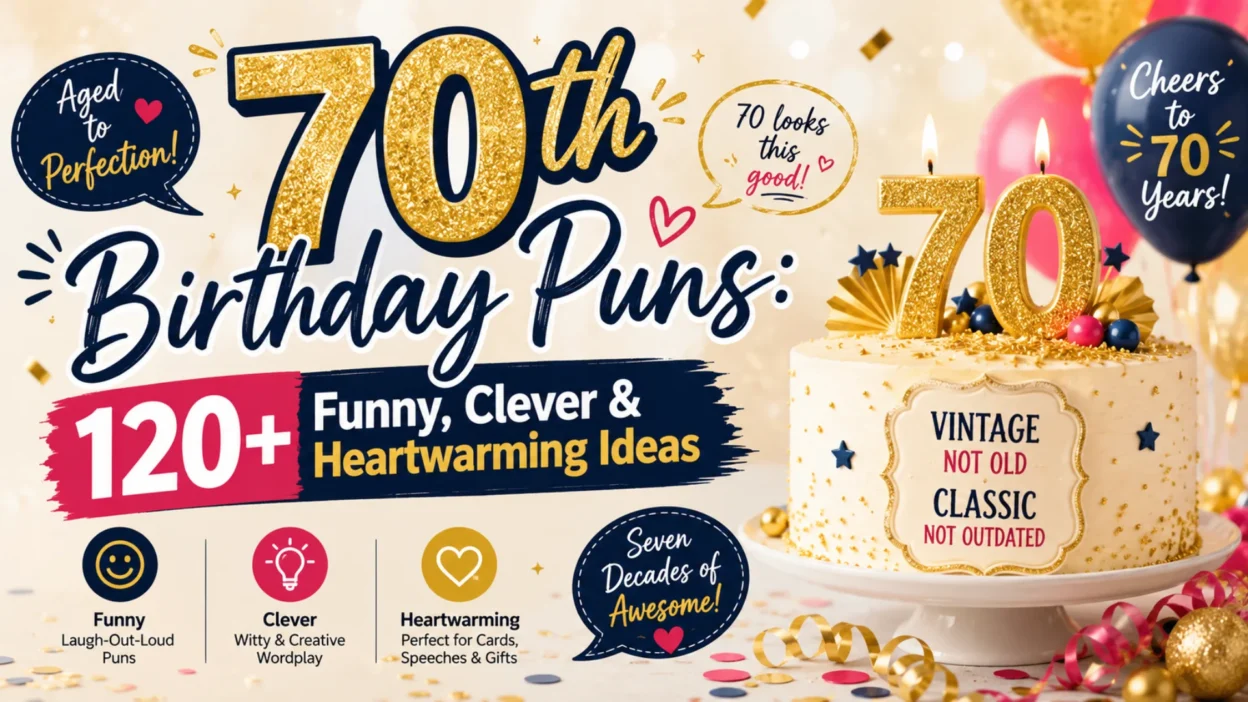 70th Birthday Puns banner featuring a festive birthday cake, gold 70 topper, balloons, confetti, and colorful typography promoting 120+ funny, clever, and heartwarming birthday puns.