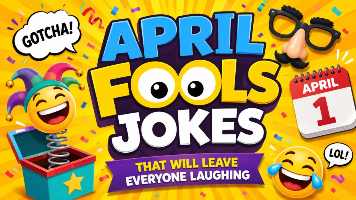 April Fools Jokes That Will Leave Everyone Laughing with colorful prank icons, funny emojis, confetti, and playful April 1 celebration theme.