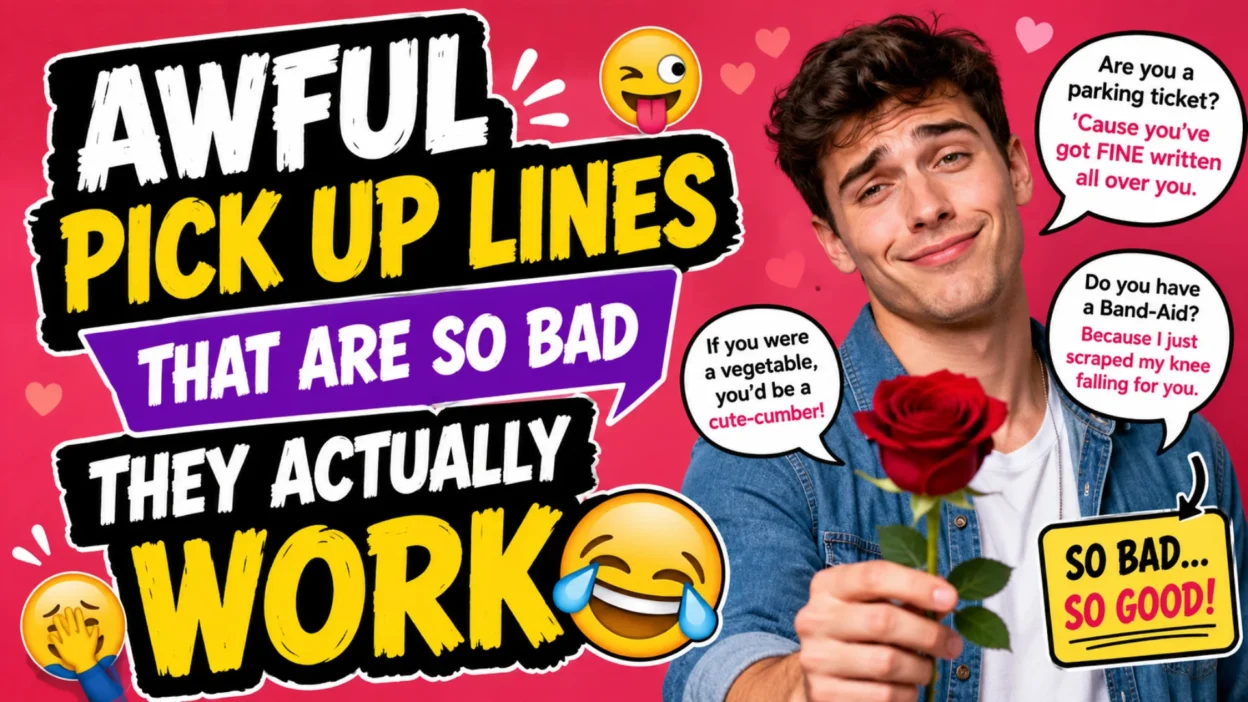 A funny thumbnail featuring a smiling man holding a red rose beside bold text reading "Awful Pick Up Lines That Are So Bad They Actually Work," with emojis and cheesy pick-up line speech bubbles.