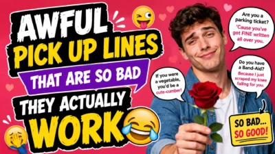 A funny thumbnail featuring a smiling man holding a red rose beside bold text reading "Awful Pick Up Lines That Are So Bad They Actually Work," with emojis and cheesy pick-up line speech bubbles.