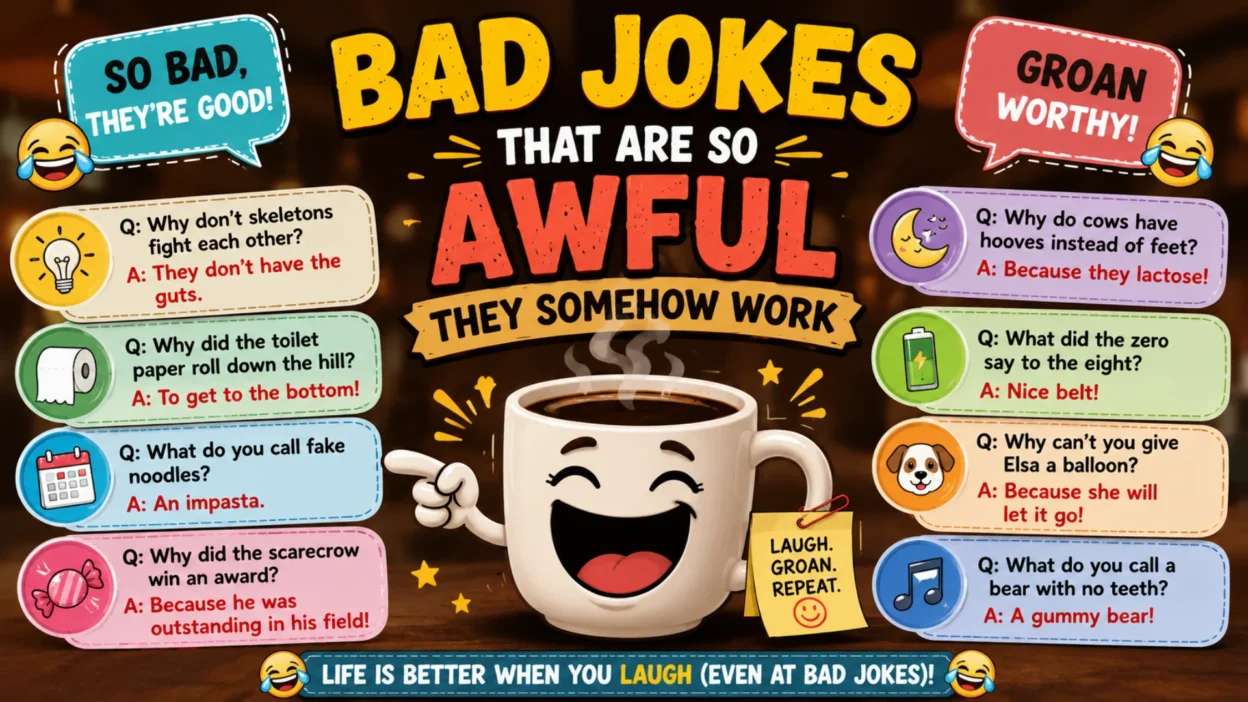 Funny bad jokes infographic featuring cheesy one-liners, silly puns, and hilarious groan-worthy jokes with a smiling coffee mug illustration.