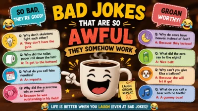 Funny bad jokes infographic featuring cheesy one-liners, silly puns, and hilarious groan-worthy jokes with a smiling coffee mug illustration.
