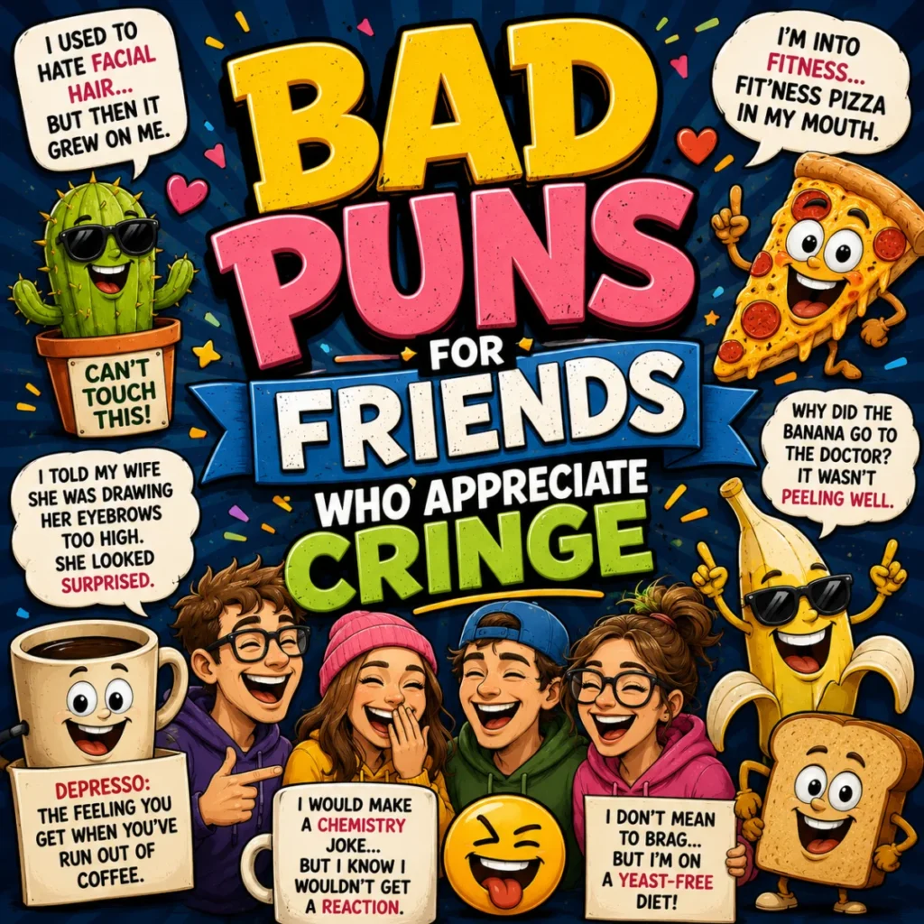 A colorful square cartoon illustration featuring laughing friends, quirky pun characters, comic speech bubbles, and bold text reading "Bad Puns for Friends Who Appreciate Cringe."