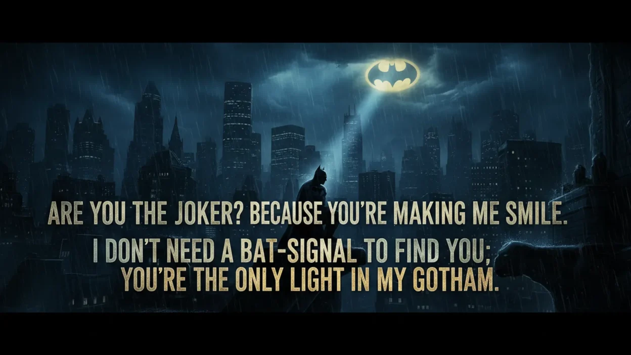 Batman-inspired pick up lines with a romantic Gotham City skyline and superhero-themed love illustration.