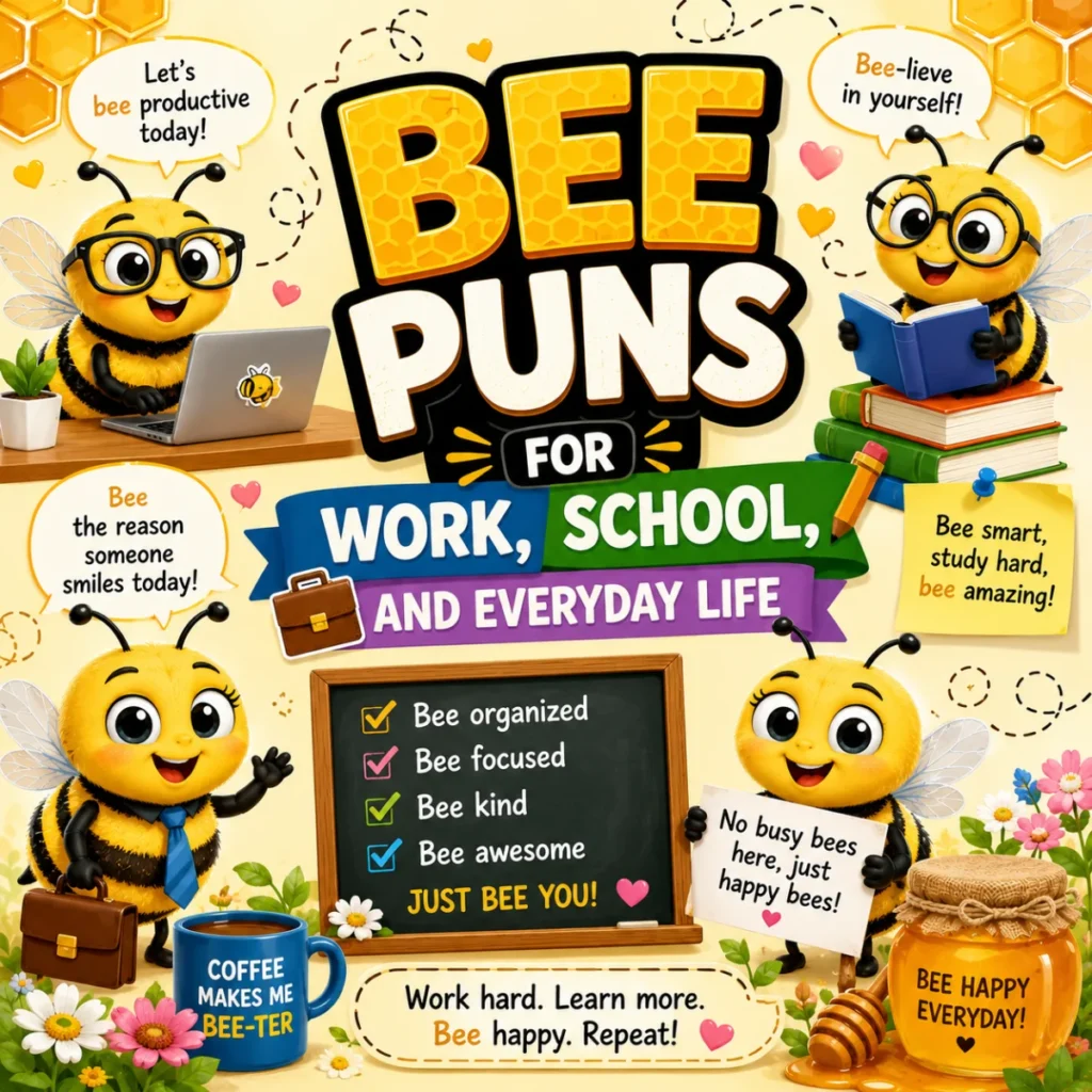 Bee puns for work, school, and everyday life featuring cute cartoon bees studying, working, and sharing funny motivational messages on a bright honeycomb background.