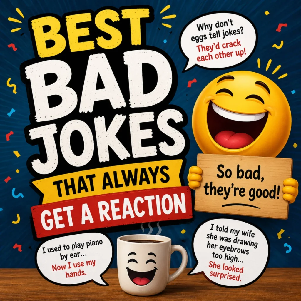 A colorful square illustration featuring a laughing emoji, funny speech bubbles, and the headline "Best Bad Jokes That Always Get a Reaction" with playful comedy-themed graphics.