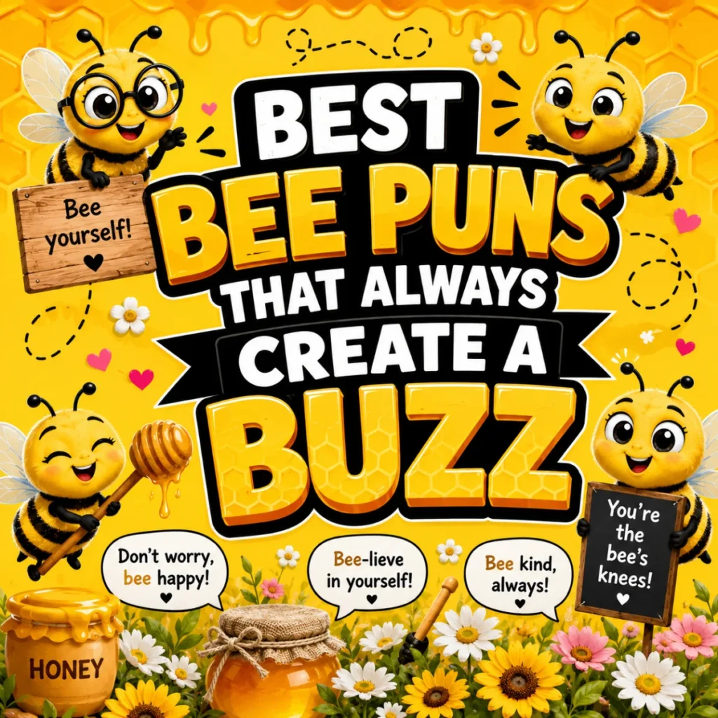 Best bee puns with cute cartoon bees, honey jars, honeycomb patterns, and funny bee-themed sayings on a bright yellow background.