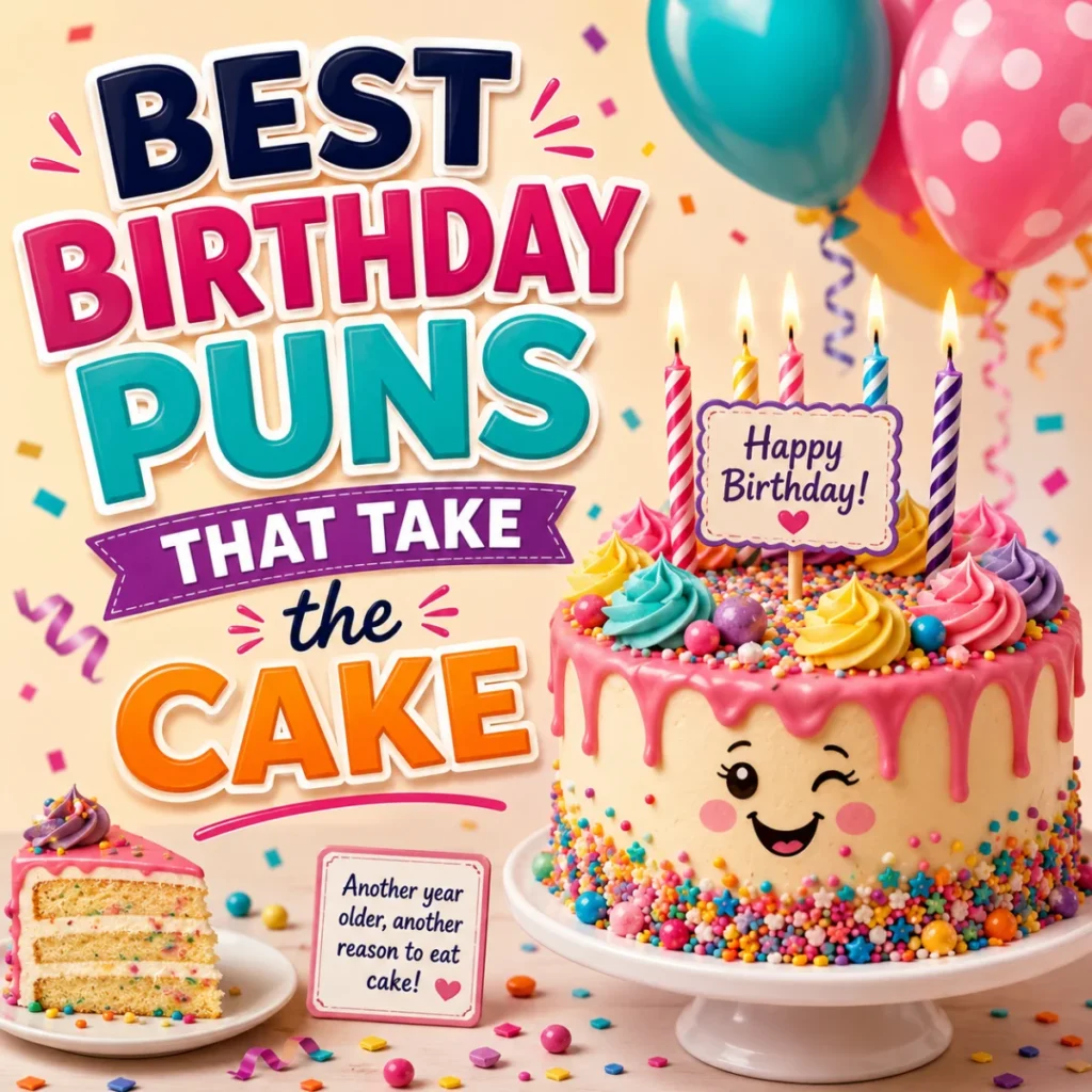 Best Birthday Puns That Take the Cake featuring a colorful birthday cake, balloons, candles, confetti, and festive party decorations.