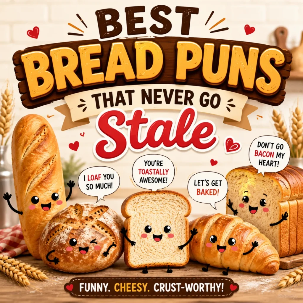 Best Bread Puns That Never Go Stale featuring cute cartoon bread, toast, baguette, and croissant characters with funny bakery puns on a colorful background.